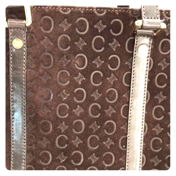 CELINE BROWN SUEDE EMBOSSED LOGO SM TOTE HANDBAG - Picture 3 of 8